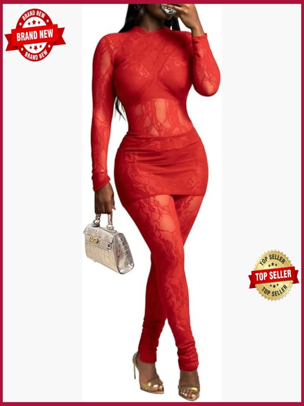 Sexy 2 Piece Mesh Outfit Long Sleeve Bodycon Pants Set Clubwear